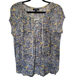 Chaps Womens Short Sleeve Laced Tie Neck Patterned Top Size Large
